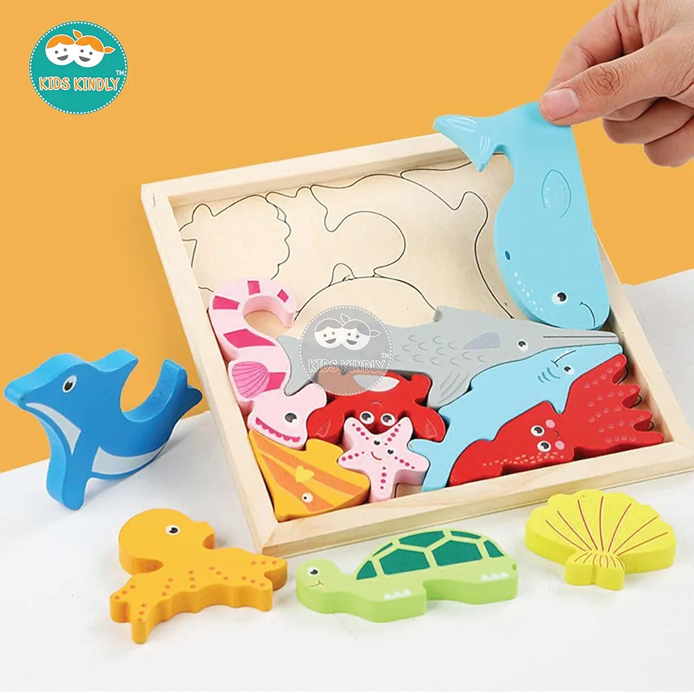 KIDS KINDLY Wooden Sea Animal Puzzle for Kids, Jigsaw Sorting Game, Montessori Puzzle Toy for Toddlers, Shapes Puzzles for Kids, Birthday Gift for Boys & Girls Age 3 4 5 Years