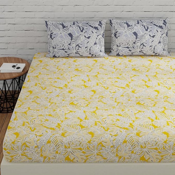 Huesland by Ahmedabad Cotton 144 TC King Size Bedsheet Cotton with 2 Pillow Covers | Yellow, Grey & White
