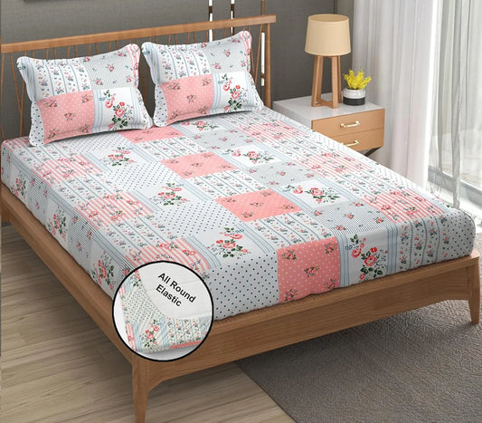 Fresh From Loom Floral Print King Size Fitted Bedsheet Set Microfiber 240 TC 2 Pillow Covers Pink White