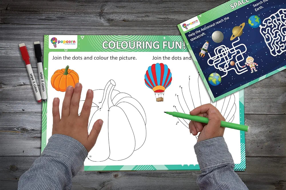 Popcorn Games & Puzzles Mazes and Dot to Dot | Reusable Activity Mats with 2 Marker Pens | Gifts & Creative Learning for Ages 3-6