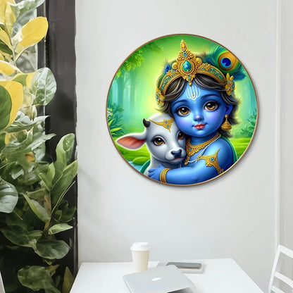 Livin'luxe Paintings Little Krishna with Calf Wall Painting with Frame - Sparkle Glossy Round Golden Framed Large