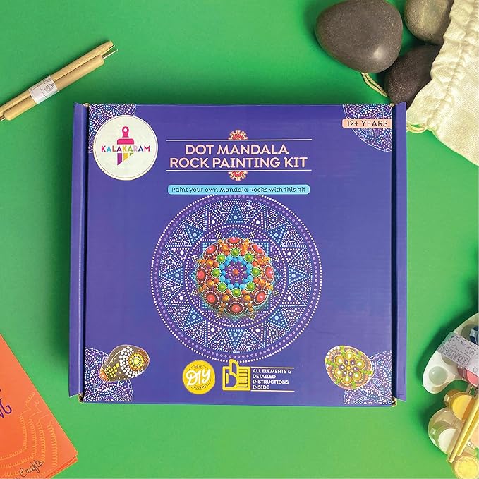 Kalakaram Diy Dot Mandala Art Rock Painting Kit | Create a Mandala Design on Rocks With 3 Large Re-useable River Rocks | Activity Kit for Kids