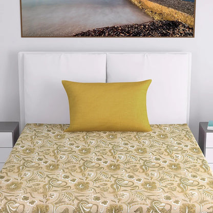 Divine Casa 144 TC 100% Cotton Single Size Bedsheet with 1 Pillow Cover Floral Paisley Colour Mustard Beige