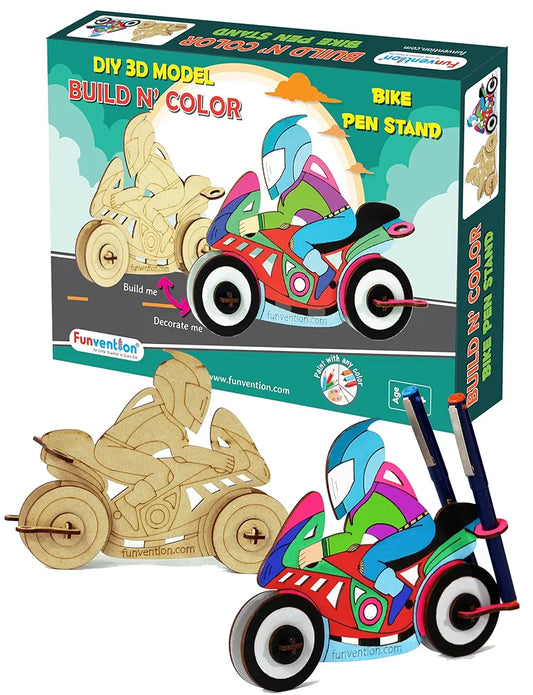 Funvention Bike - 3D Coloring Model - DIY Desk Organizer Pen Stand - STEM Leanring 3D Puzzle Toy - Art, Coloring and Painting Kit for Kids - Birthday Return Gift,3D Mechanical Do IT Yourself Toy