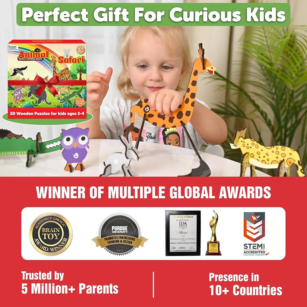 Butterfly EduFields 3D Wooden Animal Puzzles for Kids  | DIY Educational Toys for Boys & Girls | Birthday Gift for 2, 3, 4 Year Old Kids | Montessori Learning & Craft Kit