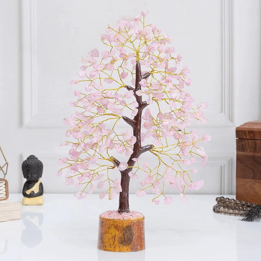 Bezavo Rose Quartz Crystal Tree Golden Wire