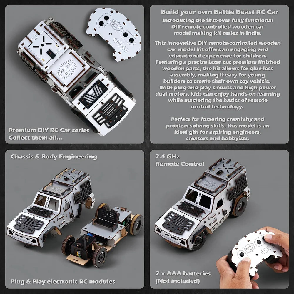 Funvention Battle Beast DIY RC Car - DIY 2.4GHz Remote Control Car Model for Kids - Build High-Speed Racing Car Type-C Charging Dual Motor Car STEM Kit Made in India