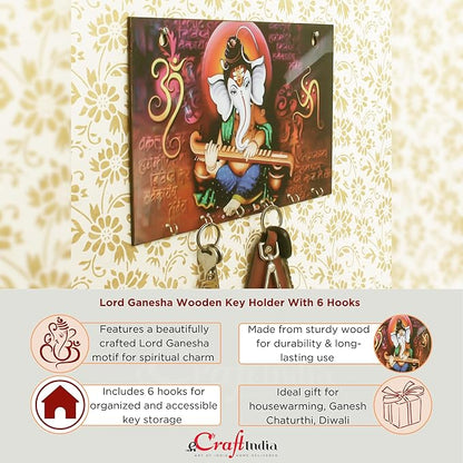 Ecraftindia Lord Ganesha Theme Wooden Key Holder With 6 Hooks