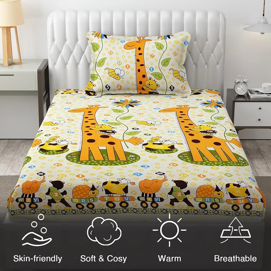 Fresh From Loom Bed Sheet Cartoon Printed Single Bedsheet With One Pillow Cover 144 tc Multicolor Cream and Yellow