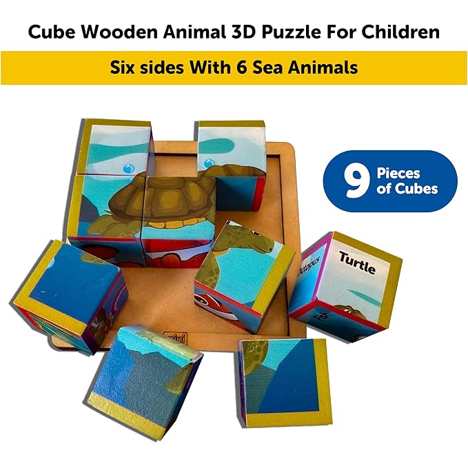 Mini Leaves 6 in 1 Ocean Animal Wooden Cube Blocks Puzzle 6 Sides With 6 Animal With Storage Tray Kids 3+ Years