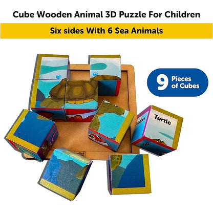 Mini Leaves 6 in 1 Ocean Animal Wooden Cube Blocks Puzzle 6 Sides With 6 Animal With Storage Tray Kids 3+ Years