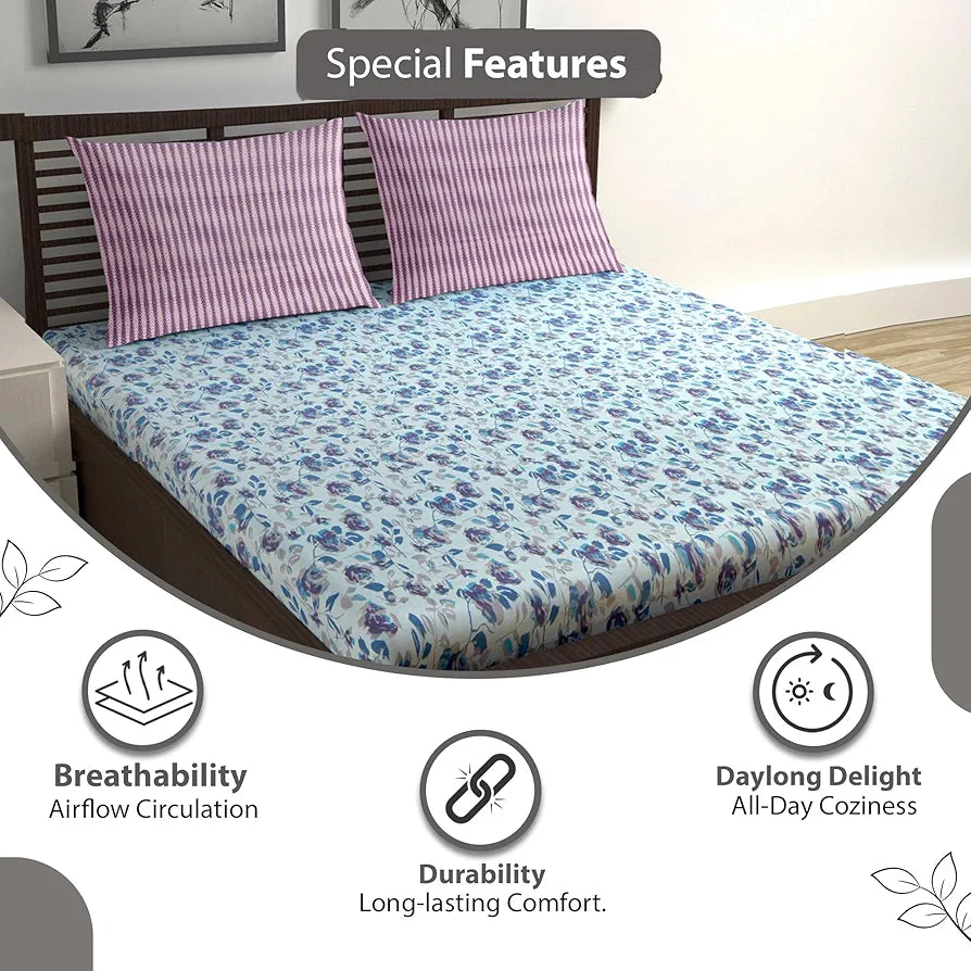 Divine Casa 144 TC 100% Pure Cotton Double Bed Bedsheet with 2 Pillow Covers Bloom Floral Colour Lavender Blue