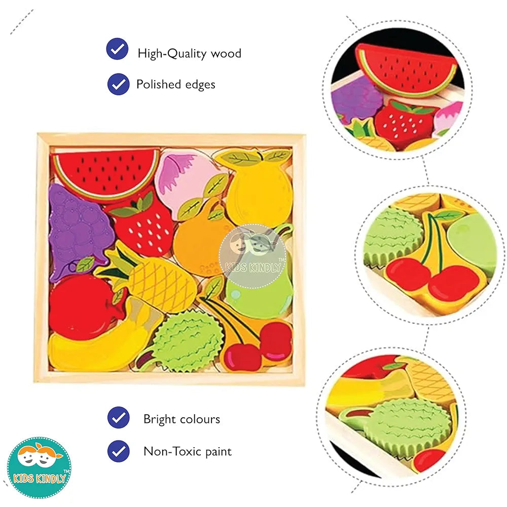 KIDS KINDLY Wooden Fruits Puzzle for Kids, Jigsaw Sorting Game, Monteszori Puzzle Toy for Toddlers, Fruit Shapes Puzzles for Kids, Birthday Gift for Boys & Girls Age 3 4 5 Years