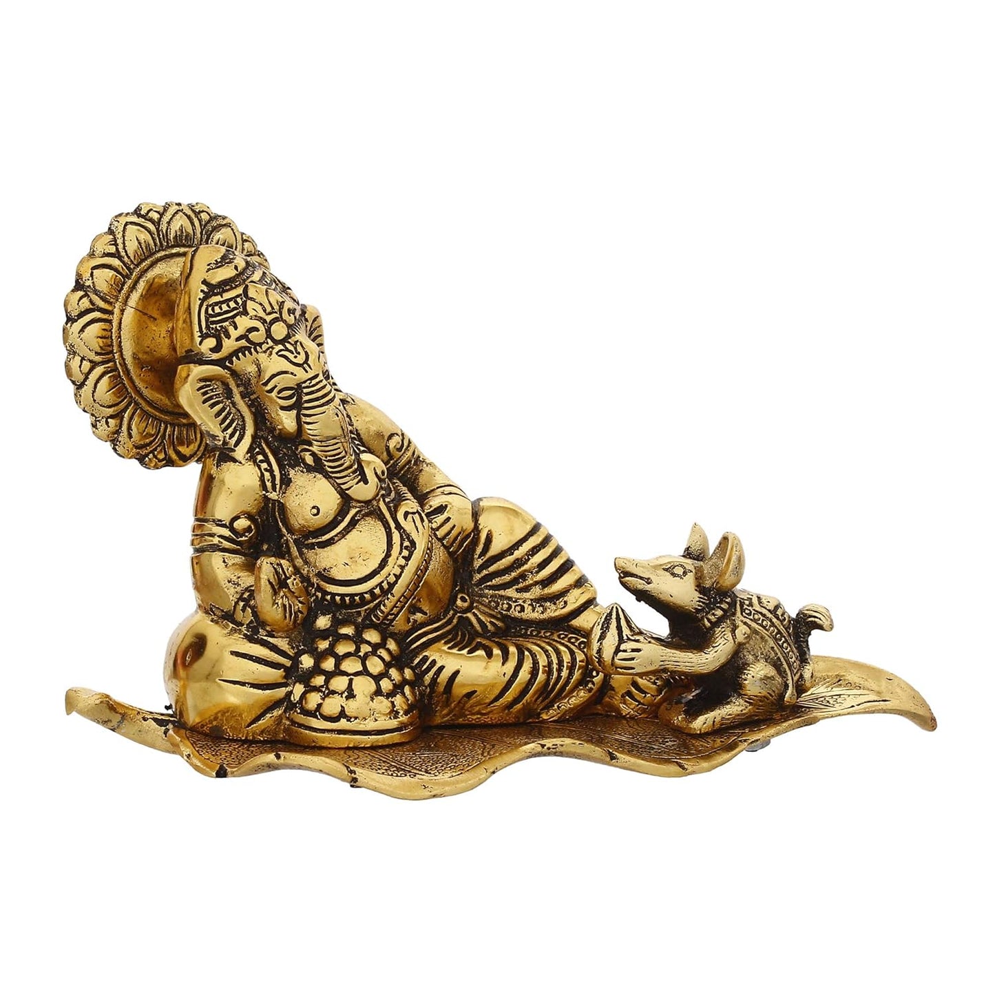Ecraftindia Golden Resting Ganesha With Mushak Metal Decorative Showpiece