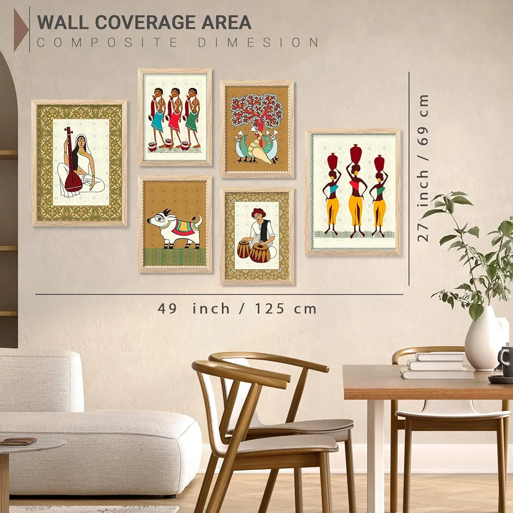 Kotart Gond Art Premium Digital Paintings with Frame Floral Painting Pack of 6 art6