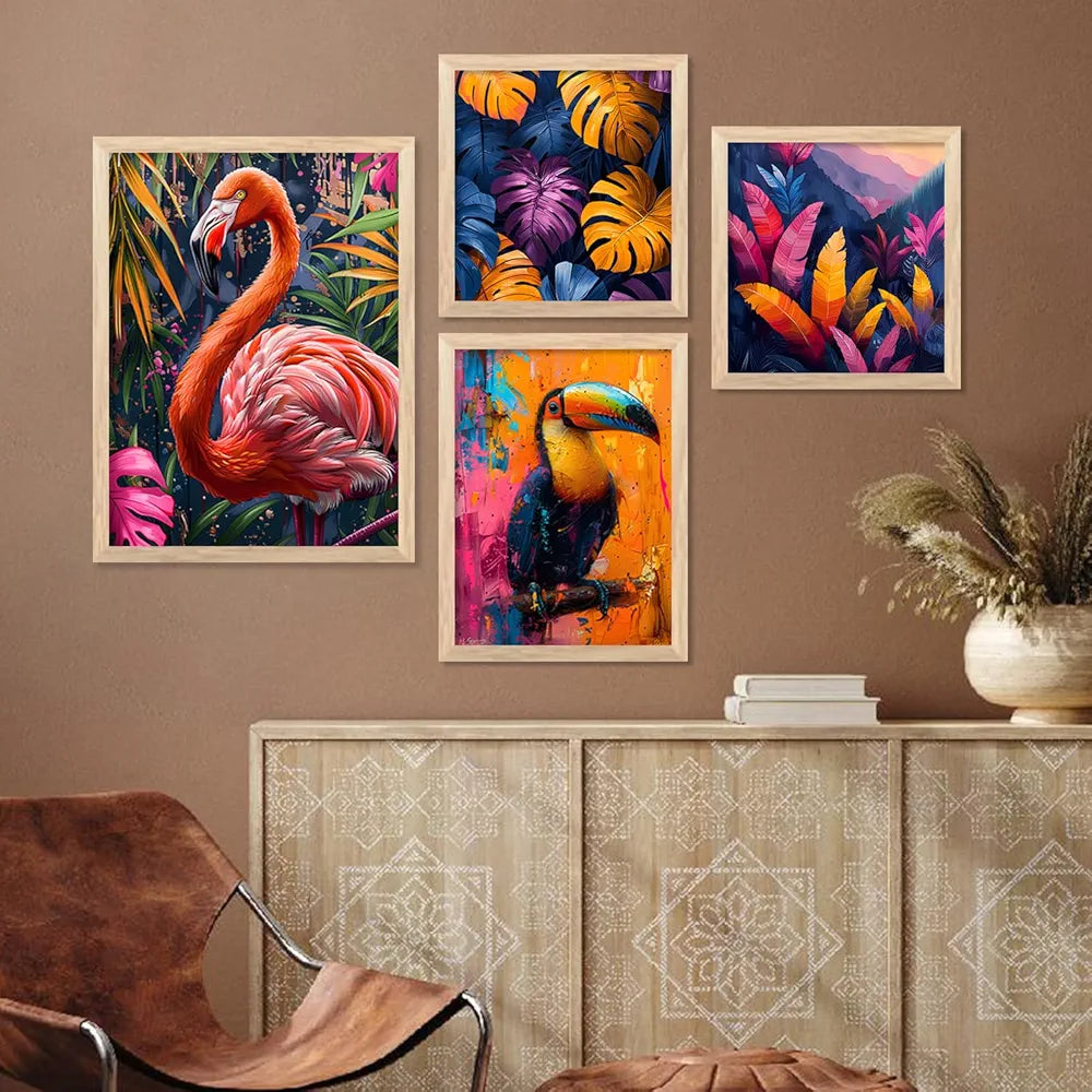 Kotart Nature Inspired Beautiful Flamingo and Botanical Leaf Paintings of 4 frames H