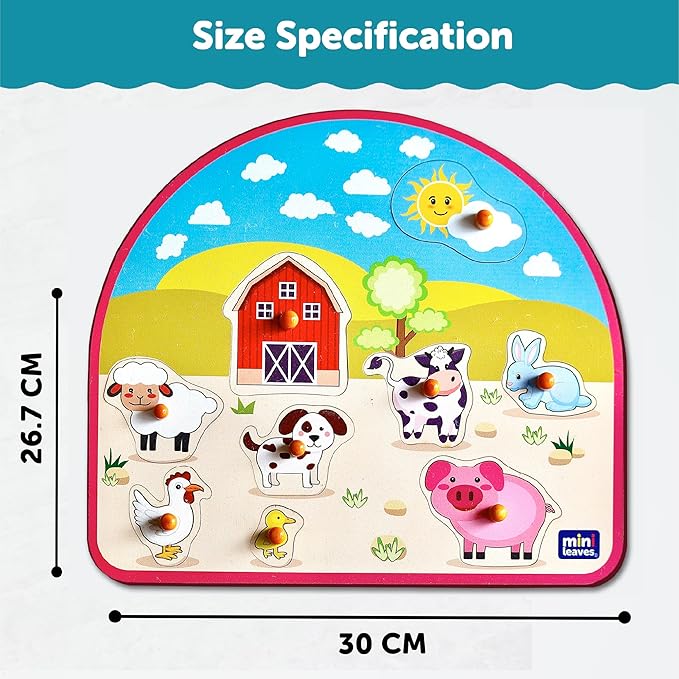 Mini Leaves Animal Barnyard Wooden Pegged Puzzle for 2+ Years Kids | Montessori Wooden Toys | Shape Sorter
