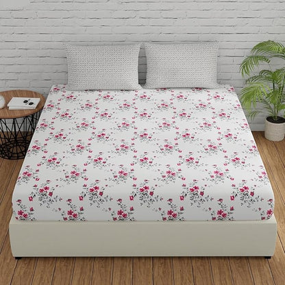Huesland by Ahmedabad Cotton 144 TC King Size Bedsheet Cotton with 2 Pillow Covers | White, Light Coral & Grey
