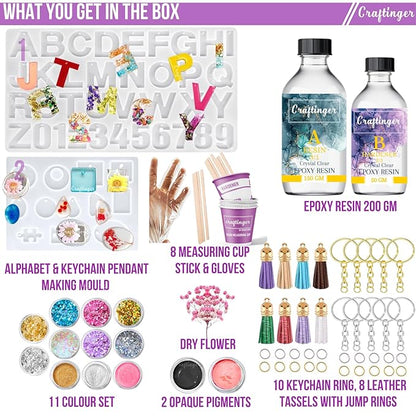 Craftinger Resin Art Pro Alphabet Keychain & Pedent Making Kit With 200gm Epoxy Resin & Mould, Tassels Glitter and More | Multicolor