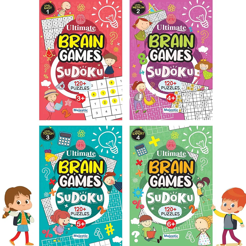 500+ Sudoku Puzzle Book Set for Kids Ages 4+ | 4-Book Pack with Solutions | Fun Brain Games for Logic & Problem-Solving by Majestic Book Club