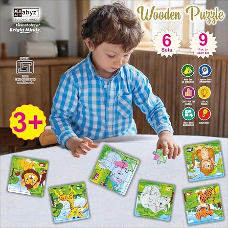 ABYZ Wooden Animal Jigsaw Puzzle Games for Kids & Children Paperless Puzzle 9 Pieces (Set of 6) for Kids Age 3+