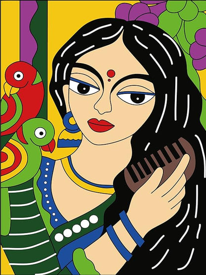Hobby India Self Painting Beautiful Canvas - Madhubani Art | Pre-designed Canvas Board 12 X 9 / Acrylic Paints 12 Shades Set of 2 Round Brushes