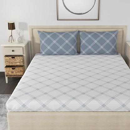 Huesland by Ahmedabad Cotton 186 TC King Size Bedsheet Cotton with 2 Pillow Covers | White & Grey