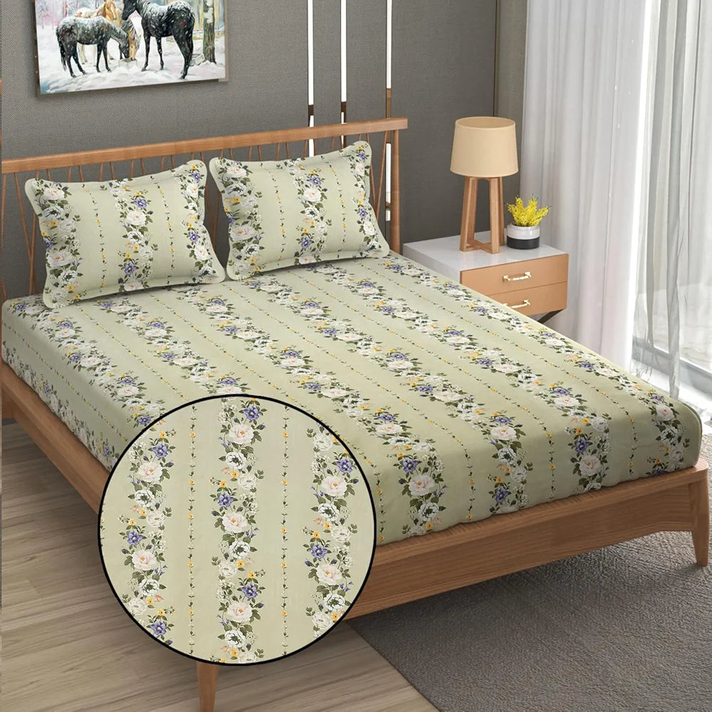 Fresh From Loom King Size Fitted Bedsheet Set 240 TC 2 Pillow Covers Pale Leaf Multicolor