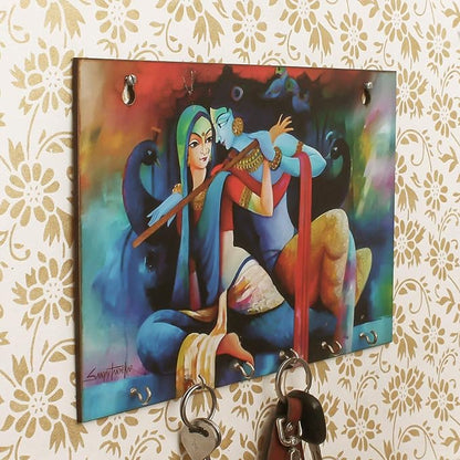 Ecraftindia Radhe Krishna Theme Wooden Key Holder With 6 Hooks
