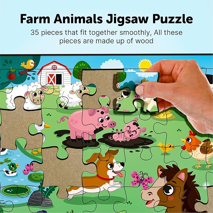 Mini Leaves Farmyard Animals Wooden Jigsaw Puzzles | Eco-friendly Wooden Toy | Puzzle Set for Kids | Multicolor | 35 Pieces