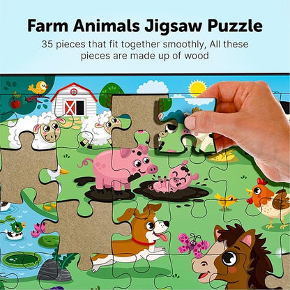 Mini Leaves Farmyard Animals Wooden Jigsaw Puzzles | Eco-friendly Wooden Toy | Puzzle Set for Kids | Multicolor | 35 Pieces