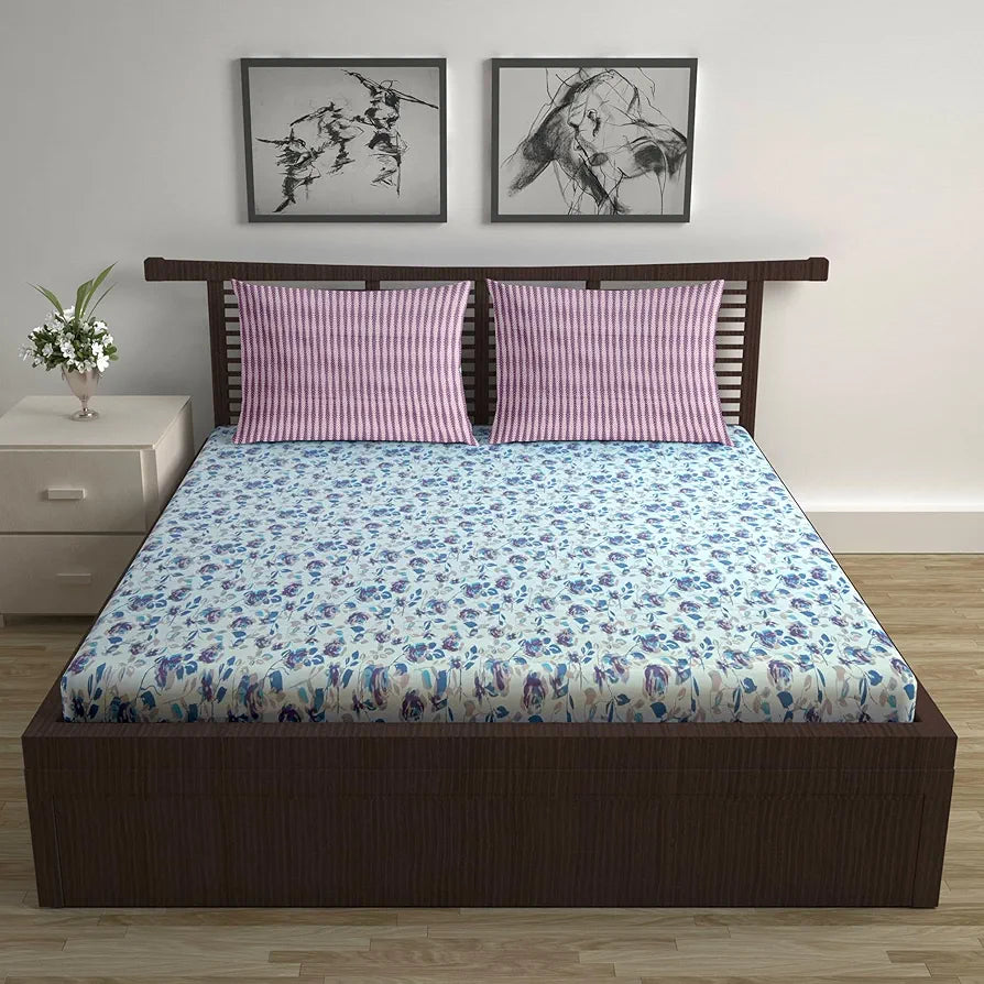 Divine Casa 144 TC 100% Pure Cotton Double Bed Bedsheet with 2 Pillow Covers Bloom Floral Colour Lavender Blue