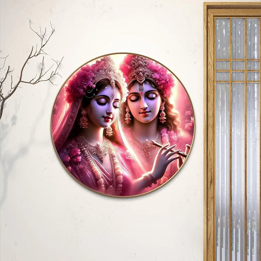 Livin'luxe Paintings Radha Krishna Divine Love Wall Painting with Frame - Sparkle Glossy Round Golden Framed Large GRM-210