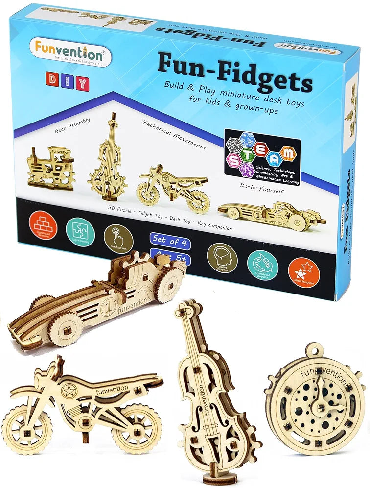 Funvention- for Little Scientist in Every Kid Fun Models DIY Miniature Mechanical Self Assembly Wooden Models- Set of 4