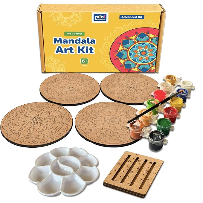 Mini Leaves Wooden Mandala Painting Kit Tea Coaster Art and Craft Kit With Wooden Stand- Advance Level | Set of 4