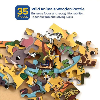 Mini Leaves 35 Piece Puzzle for Kids | Wild Animals Jigsaw Puzzle | Educational Toys for Kids 3+ Years With Wooden Tray
