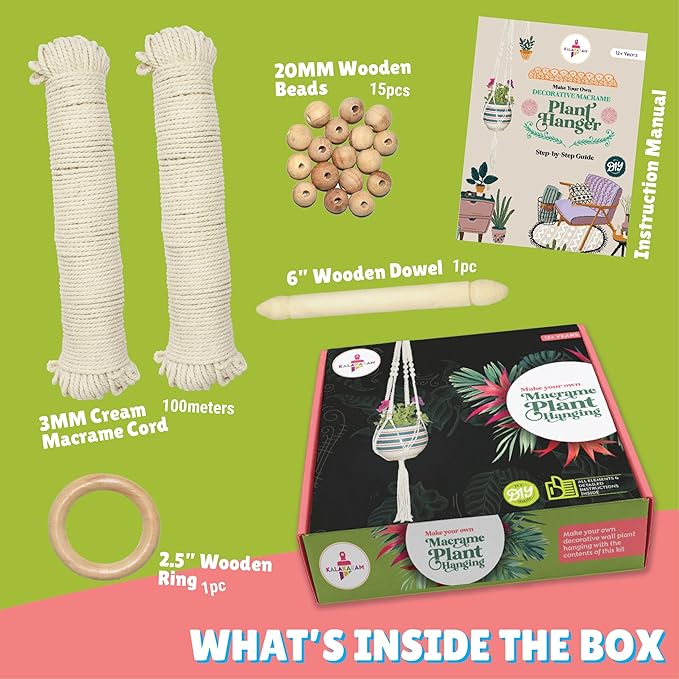 Kalakaram Diy Macrame Plant Hanger Making Kit | Pot Holder Diy Making Kit for Home | Rope With Beads and Wooden Stick