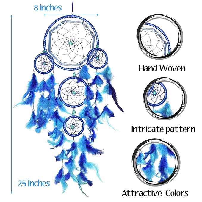 Asian Hobby Crafts Handcrafted Dream Catcher Wall Hanging With Natural Feathers Traditional Blue Boho Style for Room Decor