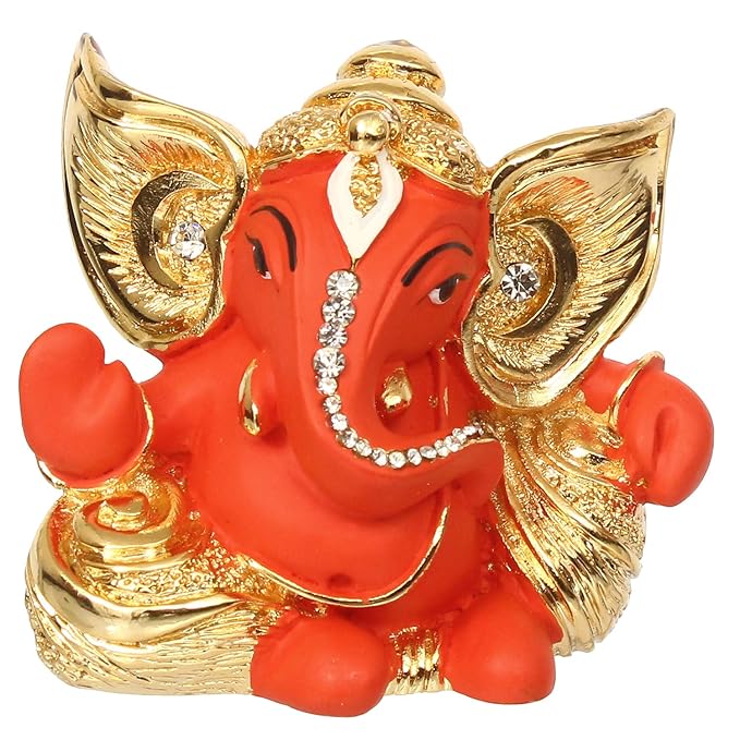 Ecraftindia Golden and Orange Polyresin Lord Ganesha Idol | Sacred Gift for Lord Ganesha Devotees