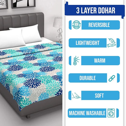 Divine Casa Floret 100% Cotton Single Dohar 120 GSM Soft & Lightweight Throw Blanket Colour Blue Aqua