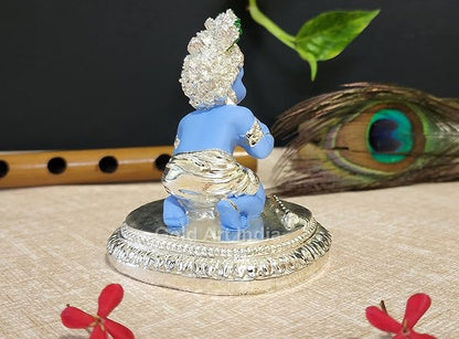 Gold Art India Ceramic Krishna Idol Standing Krishna Playing Basuri Flute Kanah JI Silver and Blue