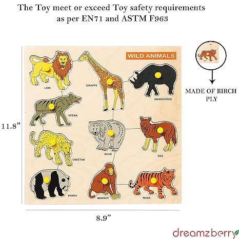 Dreamzberry Wooden Puzzles for Kids Colorful Wild Animal Kids Puzzle with Wooden Knob