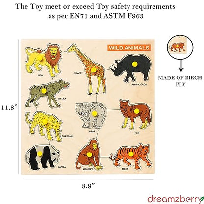 Dreamzberry Wooden Puzzles for Kids Colorful Wild Animal Kids Puzzle with Wooden Knob