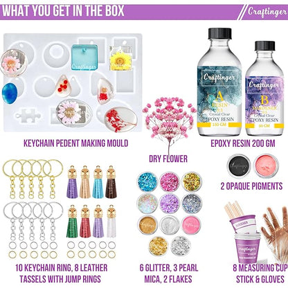 Craftinger Diy Resin Keychain Making Kit With 200gm Epoxy Resin & Mould, Tassels Glitter Pigments and More | Multicolor
