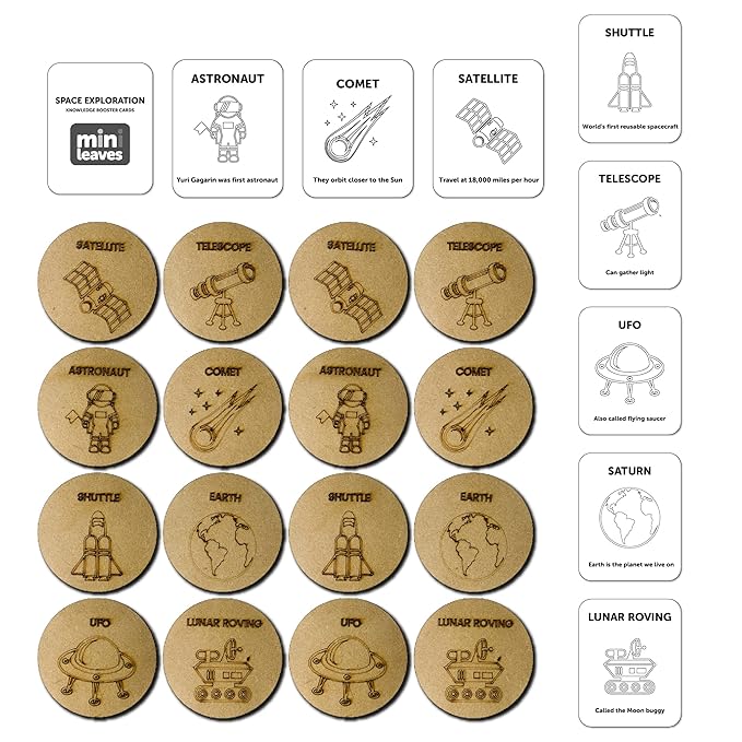 Mini Leaves Wooden Memory Card Space Exploration Puzzle Set With Wooden Box | Pattern, Color Matching Toy in 8 Pairs