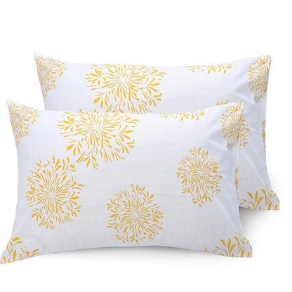 Huesland by Ahmedabad Cotton 144 TC Bedsheet for King Size Bed with 2 Pillow Covers | Yellow & White