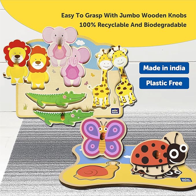 Mini Leaves Jungle Animal Friends and Insects Jumbo Knob Wooden Puzzle | Knob Puzzles for Kids for Kids | Educational Puzzle