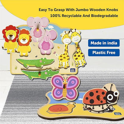 Mini Leaves Jungle Animal Friends and Insects Jumbo Knob Wooden Puzzle | Knob Puzzles for Kids for Kids | Educational Puzzle