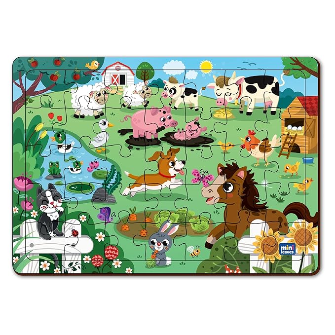 Mini Leaves Farmyard Animals Wooden Jigsaw Puzzles | Eco-friendly Wooden Toy | Puzzle Set for Kids | Multicolor | 35 Pieces