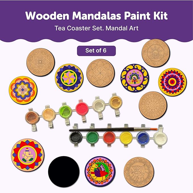 Mini Leaves Wooden Mandala Painting Kit Tea Coasters Rangoli Art and Craft Kit for Girls Boys 9-12 Years Coaster DIY Kit | Set of 6